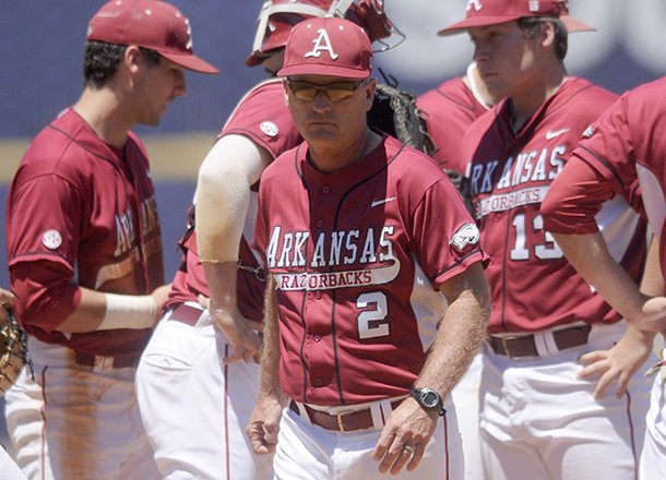 Arkansas coach Dave Van Horn walks toward the dugout during a May 25, 2013 game against LSU at the SEC Tournament in Hoover, Ala. 
