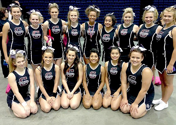 The Gentry cheer squad (right) posed for a photo at the recent NCA cheer camp in Hot Springs. Pictured (not in any certain order) are: seniors Sophia Ascensio-Porter (back row, middle), Cheyenne Dotson, Lindsey Holt and Kristen Flesner; juniors Kyla Riggs, Whitney Scott, Mycah Turtle, Shelby Allen, Ericka Horton and Niki Lee; sophomores Sydney Hodges, Brittney Atwood, Lexie Clark, Erika Magana and Amanda Brenes. 