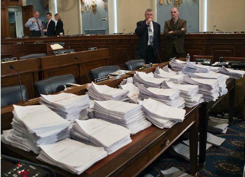 Stacks of paperwork on a new farm bill awaited members of the House Agriculture Committee in May. On Thursday, the House rejected a farm bill that would have cut $2 billion annually from food stamps and let states impose new work requirements on food-stamp recipients. 