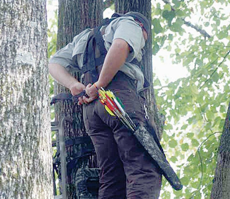 Jake Scrape shows how to use a safety harness while bowhunting from a treestand. Such safe-hunting skills will be covered during the Arkansas Game and Fish Commission hunter education course slated for Saturday at the University of Arkansas Community College at Batesville.