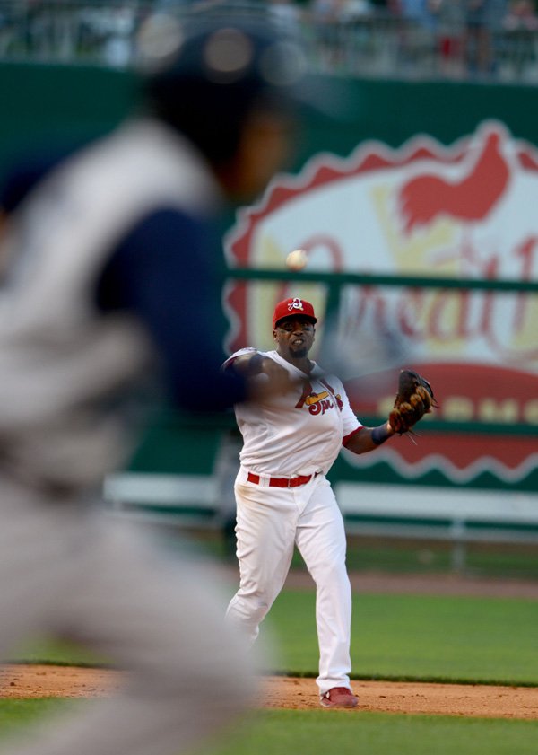 Ruben Gotay of the Springfield Cardinals throws to first Tuesday during the Texas League All-Star Game at Arvest Ballpark in Springdale. 