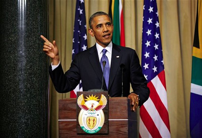 U.S. President Barack Obama and South African President Jacob Zuma, not pictured, address a press conference following their meeting at Union Building in Pretoria, South Africa, Saturday June 29, 2013.