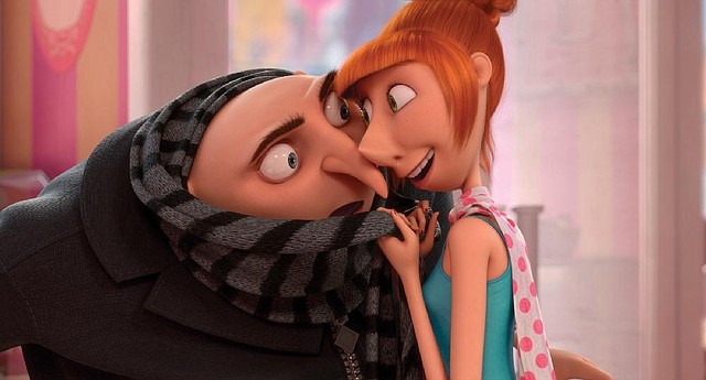 Reformed evil genius Gru (voice of Steve Carell) finds his personal space invaded by Anti-Villain League agent Lucy Wilde (voice of Kristen Wiig) in Despicable Me 2. 