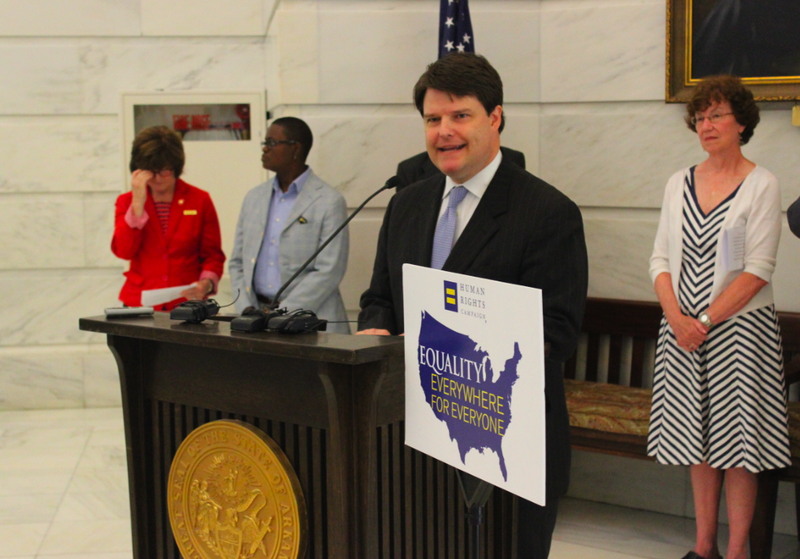 Arkansas Economic Development Commission Director Grant Tennille speaks at a Human Rights Campaign news conference Monday.