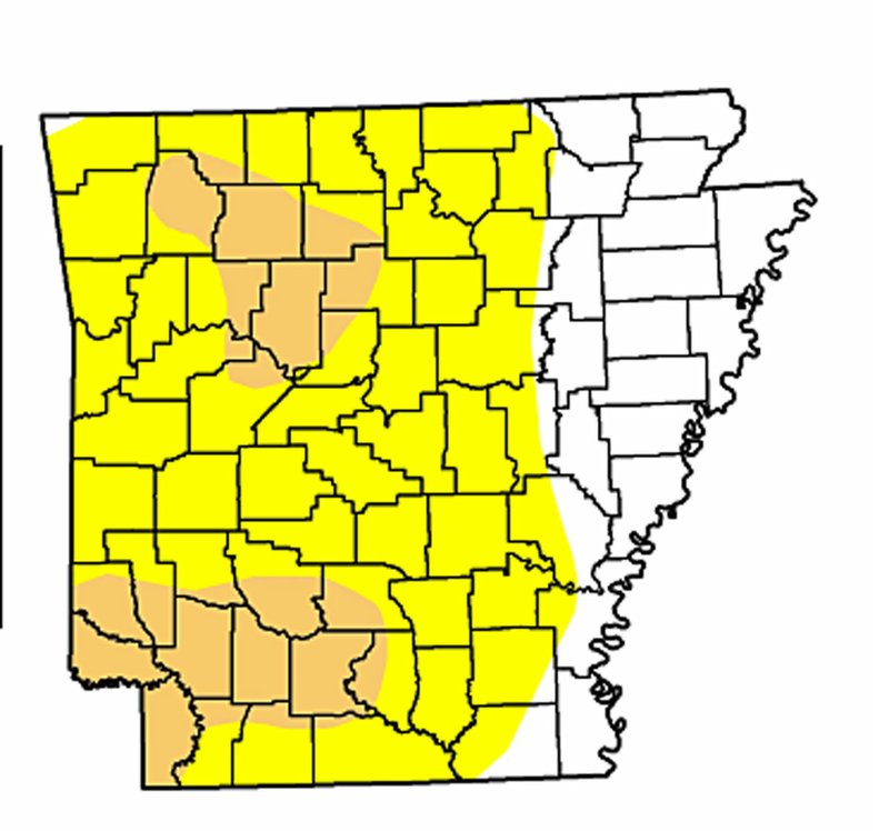 This U.S. Drought Monitor graphic shows Arkansas' condition July 11, 2013. Beige denotes moderate drought, while the yellow indicates abnormally dry conditions.