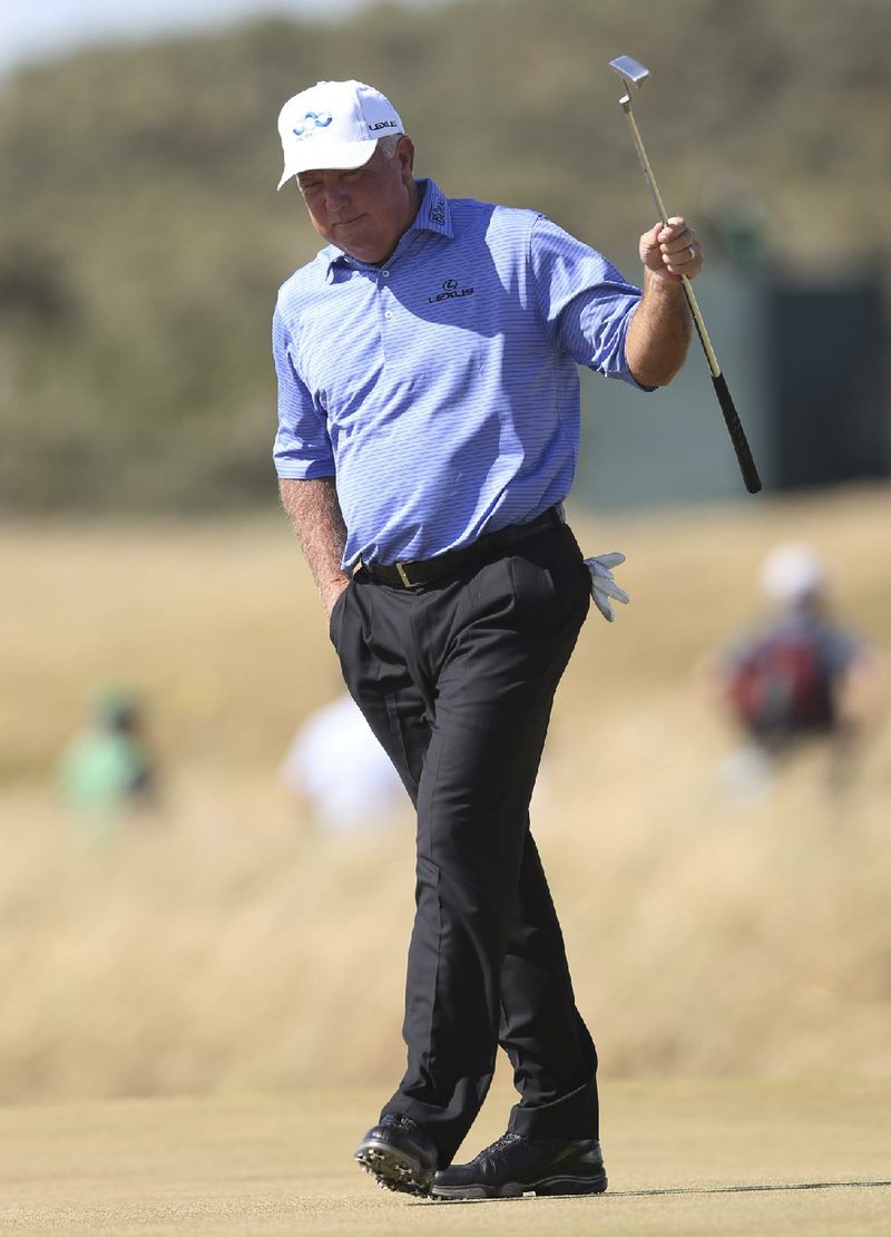 Mark O’Meara, 56, finished the first round of the British Open one shot off the lead with a 4-under-par 67. Contemporary Tom Lehman, 54, had a 68. 

