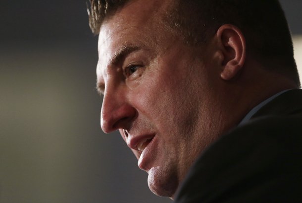 Arkansas coach Bret Bielema talks with reporters during the Southeastern Conference football Media Days in Hoover, Ala., Wednesday, July 17, 2013. (AP Photo/Dave Martin)