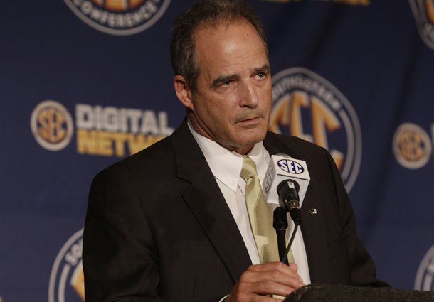 Missouri coach Gary Pinkel talks with reporters during the SEC football Media Days in Hoover, Ala., Tuesday, July 16, 2013. (AP Photo/Dave Martin)