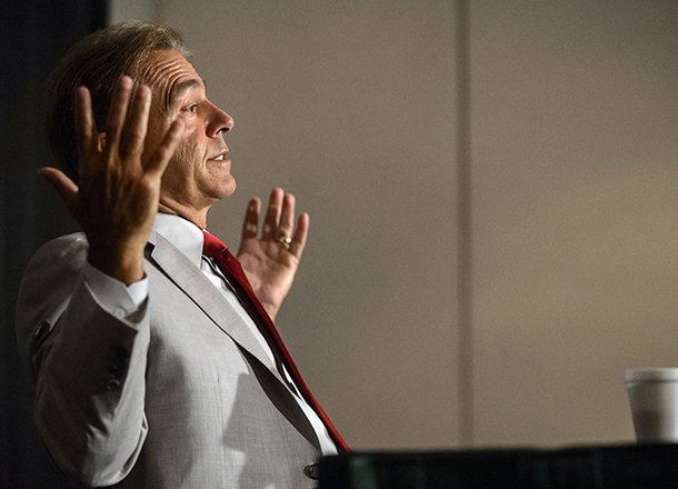 Alabama coach Nick Saban reacts to a question about a trip to Ireland, which he said he knows nothing about, during the Southeastern Conference football media days in Hoover, Ala., Thursday, July 18, 2013. (AP Photo/AL.com, Vasha Hunt) 