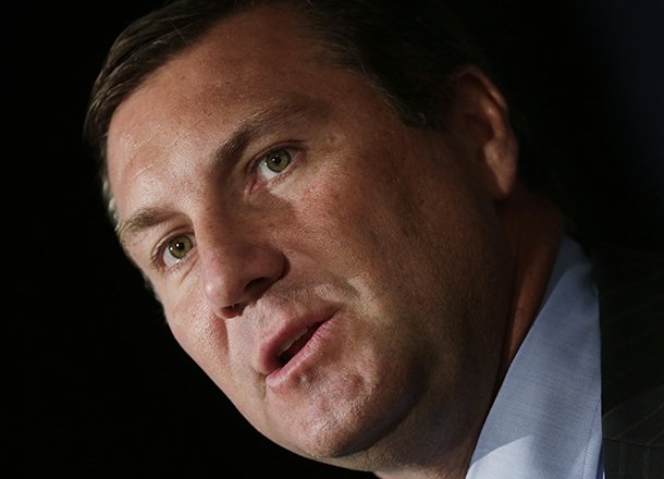 Mississippi State coach Dan Mullen talks with reporters during the Southeastern Conference football Media Days in Hoover, Ala., Wednesday, July 17, 2013. (AP Photo/Dave Martin)