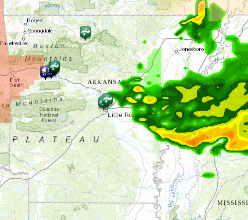 This weather map Tuesday, July 23, 2013, shows storms move across Arkansas.