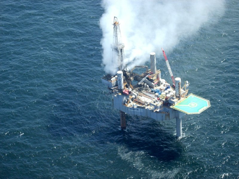 This photo released by the Bureau of Safety and Environmental Enforcement shows natural gas spewing from the Hercules 265 drilling rig in the Gulf of Mexico off the coast of Louisiana on Tuesday, July 23, 2013.