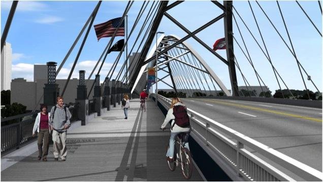 An artist’s rendering shows “America’s Bridge,” Pulaski County Judge Buddy Villines’ proposal for a new Broadway Bridge. 