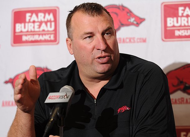 Arkansas coach Bret Bielema speaks Thursday, July 25, 2013, at Paradise Valley Athletic Club in Fayetteville.