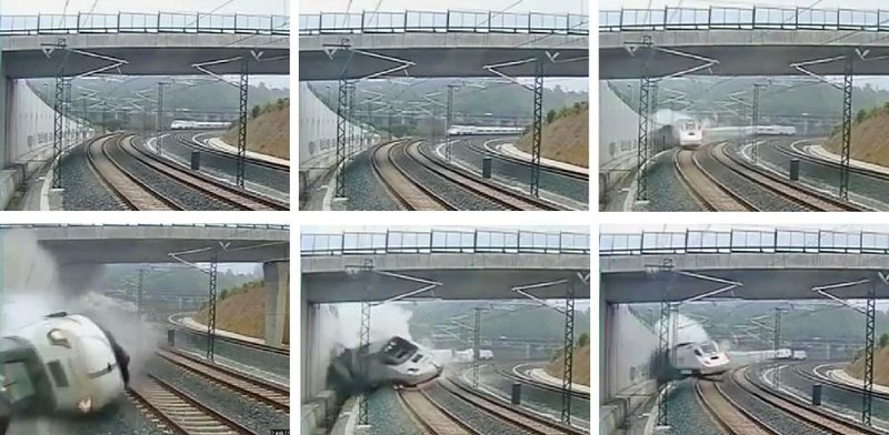 This combo image taken from security camera video shows clockwise from top left a train derailing in Santiago de Compostela, Spain, on Wednesday July 24, 2013. Spanish investigators tried to determine Thursday why a passenger train jumped the tracks and sent eight cars crashing into each other just before arriving in this northwestern shrine city on the eve of a major Christian religious festival, killing at least 77 people and injuring more than 140. (AP Photo)