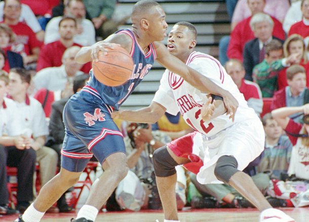 FILE PHOTO - Arkansas' Clint McDaniel (12) guards Mississippi's Cedrid Brim, left, during the first half in Fayetteville, Ark., Wednesday, Jan. 5, 1994. McDaniel is the uncle of New Hampshire Prep power forward and Arkansas prospect Tory Miller.