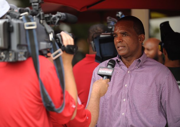 Arkansas linebackers coach Randy Shannon speaks to the media Thursday, July 25, 2013, at Paradise Valley Athletic Club in Fayetteville.