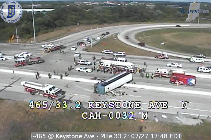 An image from an Indiana Department of Transportation traffic camera shows the scene of a bus crash that killed three people Saturday in Indianapolis.