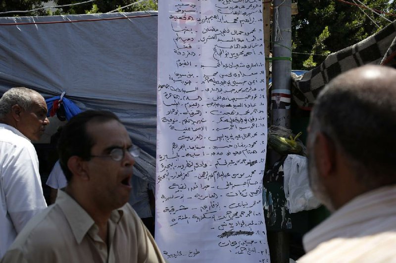 Supporters of Egypt's ousted President Mohammed Morsi check the names of people killed in clashes with security forces, outside a field hospital in Nasr City, Cairo, Egypt, Saturday, July 27, 2013. Clashes erupted early Saturday in Cairo between security forces and supporters of Egypts ousted President Mohammed Morsi, killing scores of protesters and overwhelming field hospitals with the wounded, the Health Ministry said, in an outburst of violence that put the possibility of political reconciliation in the deeply divided nation ever further out of reach. Arabic banner lists the names of some of the dead. (AP Photo/Hassan Ammar)