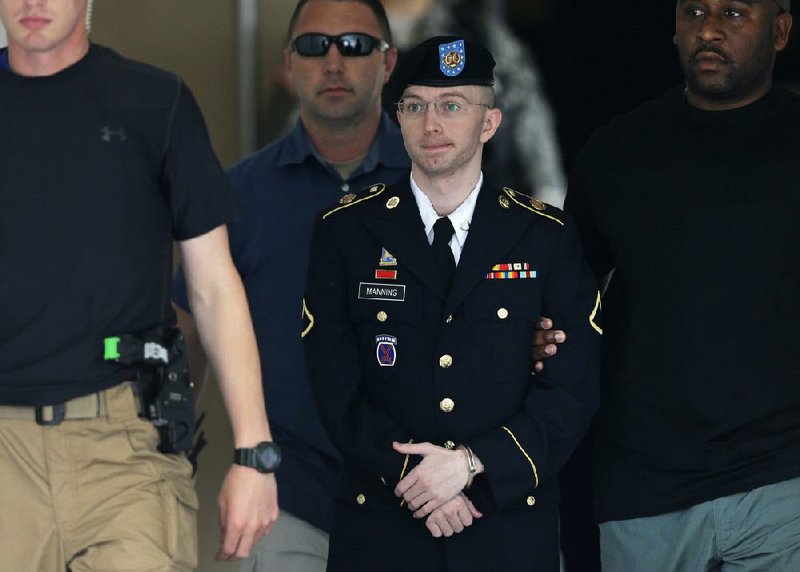 Bradley Manning leaves the courthouse in Fort Meade, Md., on Tuesday after the verdicts were announced in his court-martial. He faces sentencing today. 