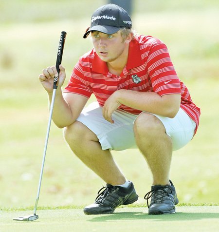 Cade Brown of Springdale High eyes his putt on the No. 2 hole Aug. 1, 2012, during the Springdale Invitational at Springdale Country Club. 