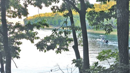 A member of Benton County’s Dive Team searches for the body of a man who died Tuesday swimming near Dry Hollow Cove at Beaver Lake. 