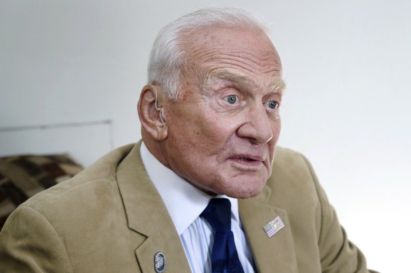 Astronaut Buzz Aldrin is interviewed before a speaking engagement for the University of Arkansas Clinton School of Public Service in Little Rock on Wednesday, Aug. 14, 2013. 