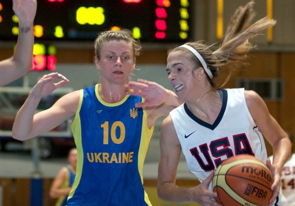 Christine Smith, right, a Bentonville native and former Shiloh Christian and Lyon College player, drives to the basket during the U.S. women’s gold medal game against Ukraine during the 2013 Deaflympics in Sofia, Bulgaria. 