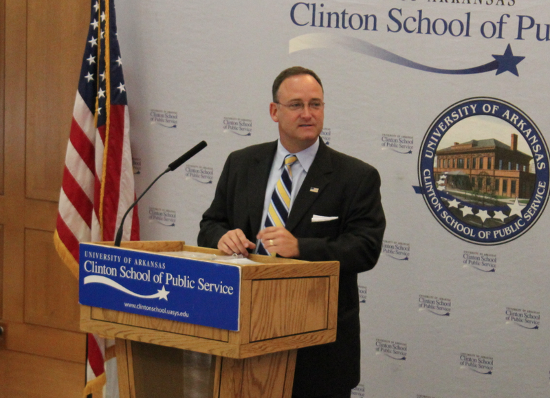 Brigham McCown speaks Tuesday at the Clinton School of Public Service.