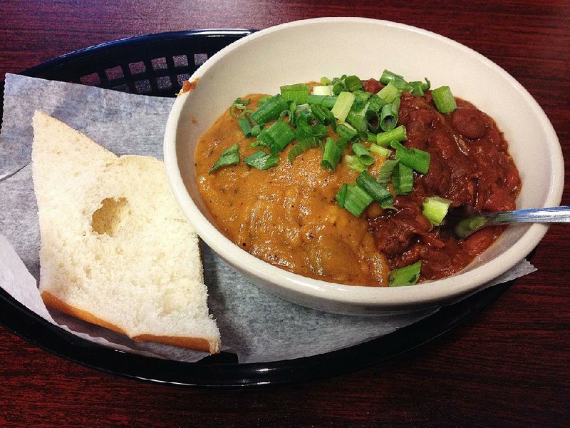 A mix-and-match of Crawfish Etouffee and Red Beans & Rice is served at J. Gumbo’s in Little Rock. 