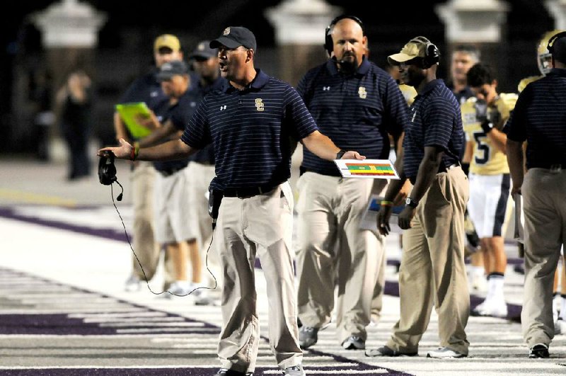 STAFF PHOTO ANTHONY REYES
Shiloh Christian head coach Josh Floyd argues a call as they play Warren during the Hootens Kickoff Week Monday, Aug. 27, 2012 at Estes Stadium in Conway.