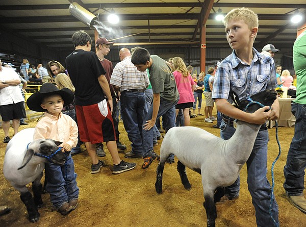 Wyett Kutz, 10, right, of West Fork and Cade Young, 5, of Farmington, left, prepare to show their market lambs
Thursday during the Junior Livestock Auction at the Washington County Fair in Fayetteville.