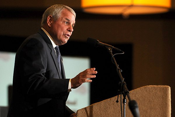 Former Arkansas head football coach Ken Hatfield gives the keynote address at the third annual Springdale Mayor's Prayer Breakfast Thursday, May 3, 2012 at the Holiday Inn of Northwest Arkansas.