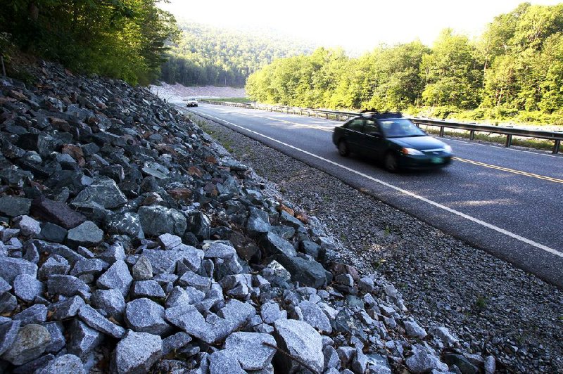 Cars travel on the newly rebuilt Vermont 107 in Bethel, Vt., earlier this month. After rising for decades, total vehicle use in the United States peaked in August 2007, dropping sharply during the recession Great Recession and has held steady over the past few years. 