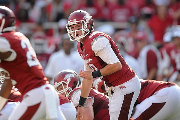 Brandon Allen calls out plays Saturday, Aug. 31, 2013 during the fourth quarter of the game against Louisiana at Donald W. Reynolds Razorback Stadium in Fayetteville.