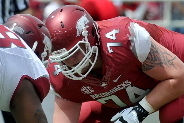 Arkansas guard Brey Cook lines up for a play during the Razorbacks' Red-White scrimmage on April 20, 2013 in Fayetteville. 