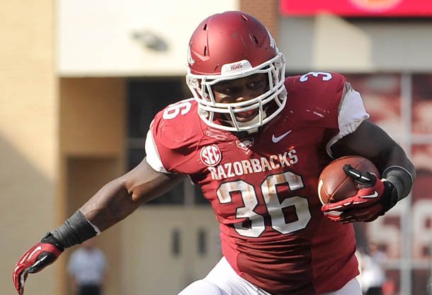 Arkansas fullback Kiero Small runs for a touchdown against Louisiana-Lafayette on Saturday, August 31, at Donald W. Reynolds Razorback Stadium.
