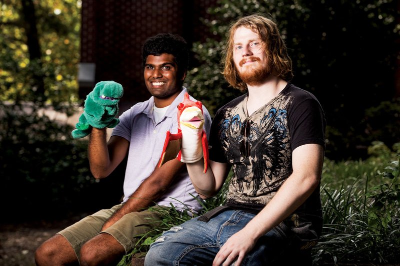 Hendrix College seniors Anvesh Kompelli, left, and Xan Clark will conduct a puppet workshop on Sept. 26 and Oct. 1 and 3 at the Faulkner County Library. The workshop is in preparation for public performances of a show Oct. 4 at the library and Oct. 5 in Simon Park during the Conway ArtsFest.