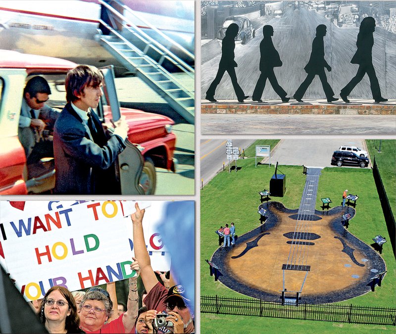 Beatles at the Ridge marks the Beatles’ Sept. 18, 1964, stop at the Walnut Ridge Municipal Airport: George Harrison (clockwise from top left) by the plane; the 10-foot-tall, 20-foot-wide tribute in Beatles Park on Abbey Road; the Guitar Walk at Cavenaugh Park; and Beatles fans who turned out for the 2012 festival. 