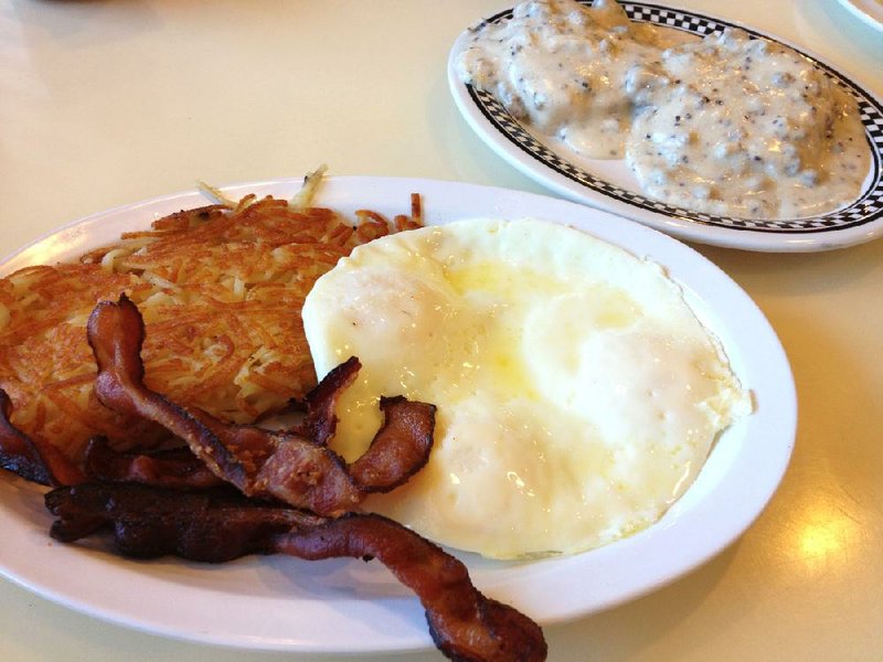 The Big Boy breakfast at North Little Rock’s Starlite Diner features three eggs, three bacon strips (or sausage patties), hash browns and a biscuit and gravy (or two pancakes). 
