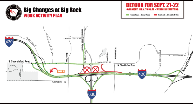 This graphic from the Arkansas State Highway and Transportation Department shows planned detours for Saturday night into Sunday morning at an ongoing interchange project at Interstates 430 and 630.