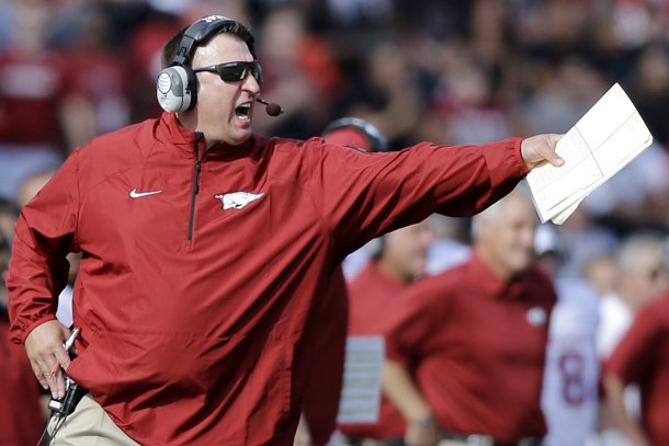 Arkansas head coach Bret Bielema reacts to a play during the first half of an NCAA college football game against Rutgers in Piscataway, N.J., Saturday, Sept. 21, 2013. Rutgers won 28-24. (AP Photo/Mel Evans)