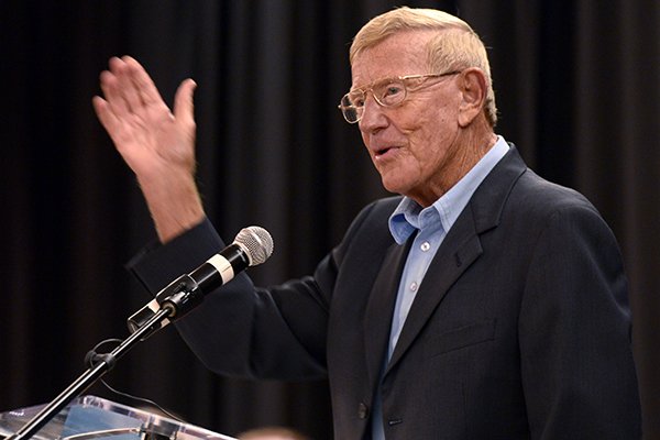 Former Arkansas/Notre Dame coach Lou Holtz serves as the guest speaker Monday Sept. 23, 2013 at the Springdale Rotary Club and NWA Touchdown Club luncheon at the Springdale Holiday Inn in Springdale. Holtz told stories from his coaching and broadcasting careers and some of the his opinions on the sport today.