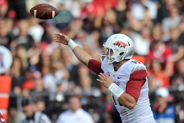 Arkansas quarterback AJ Derby throws a pass during the Razorbacks' game against the Rutgers Scarlet Knights at High Point Solutions Stadium in Piscataway, N.J. 