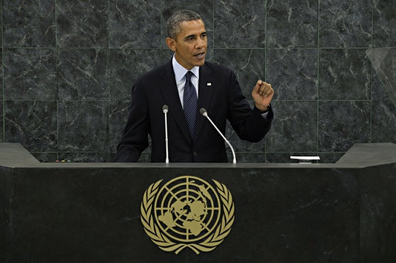 U.S. President Barack Obama gestures as he speaks during his address to the 68th Session of the United Nations General Assembly on Tuesday, Sept. 24, 2013. 