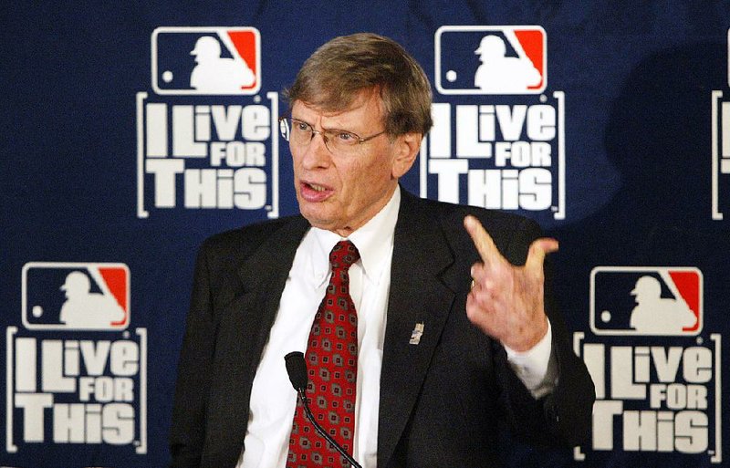 FILE - In this May 20, 2004, file photo, Major League Baseball Commissioner Bud Selig speaks at a news conference at the league's offices in New York. Selig said in a formal statement Thursday, Sept. 26, 2013, that he plans to retire in January 2015. (AP Photo/Gregory Bull, File)