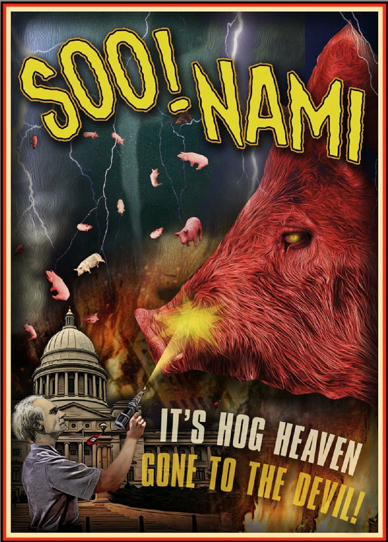 Arkansas Democrat-Gazette photo illustration/KIRK MONTGOMERY
Hollywood movies sometimes start with just a poster like this — Kirk Montgomery’s mock advertisement for Soo! Nami. So far, the poster is all there is. But could there be more to a movie about flying pigs? 