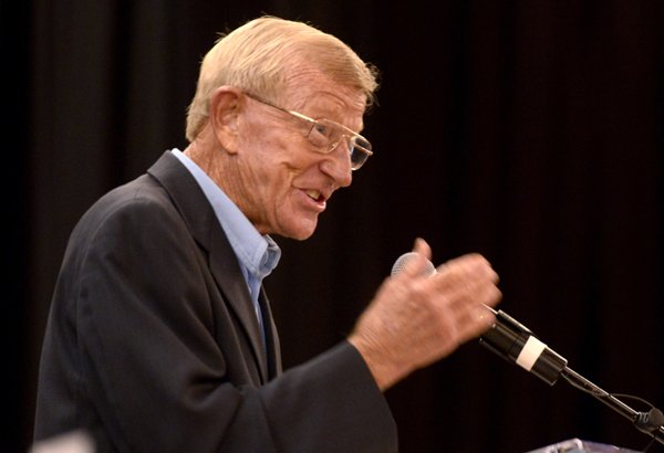 Former Arkansas coach Lou Holtz serves as the guest speaker Monday Sept. 23, 2013 at the Springdale Rotary Club and NWA Touchdown Club luncheon at the Springdale Holiday Inn. Holtz told stories from his coaching and broadcasting careers and some of the his opinions on the sport today.