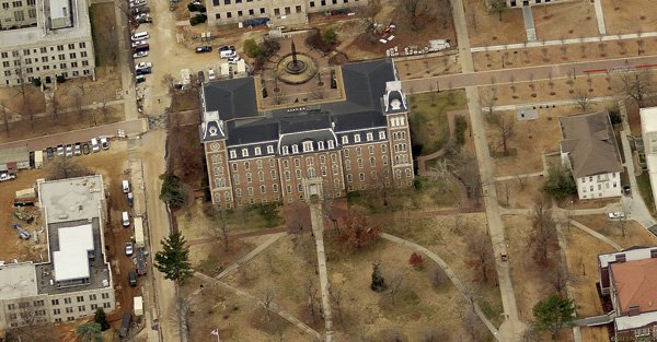 New York-based Pictometry, a company specializing in aerial photography, captures this year the University of Arkansas’ famed Old Main. The company contracts with Washington County to photograph every parcel of land in the county. 