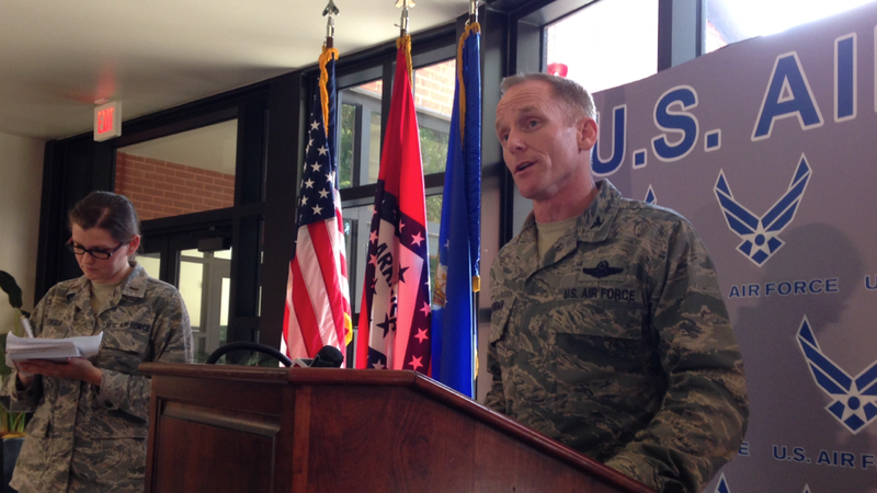 Col. Patrick J. Rhatigan, commander of the 19th Airlift Wing, describes the effect of the government shutdown on the Little Rock Air Force Base in Jacksonville. Amanda Porter, the deputy chief of public affairs for the base, is at his left. 
